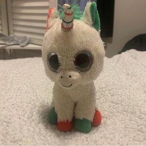 Charming Cream Unicorn Plush with Red and Green Details